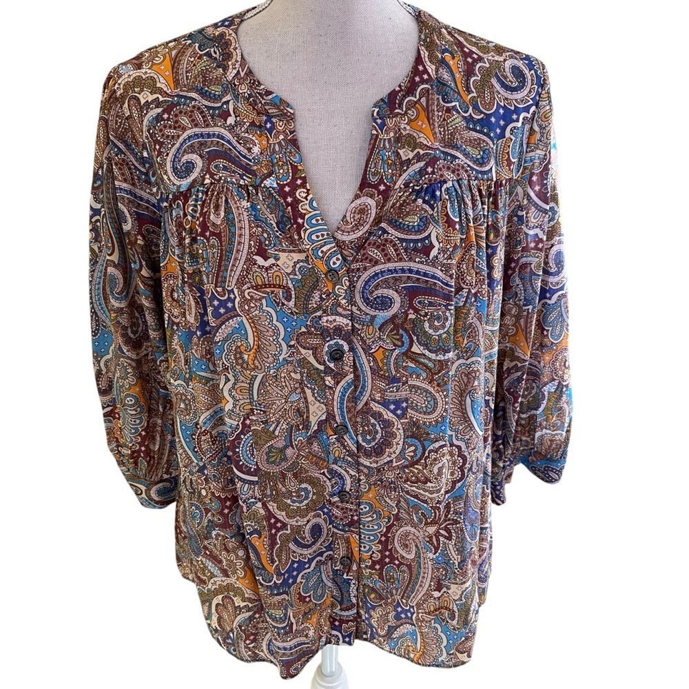 Current Air Brown/Blue Paisley Print Split Neck Button Front Blouse L